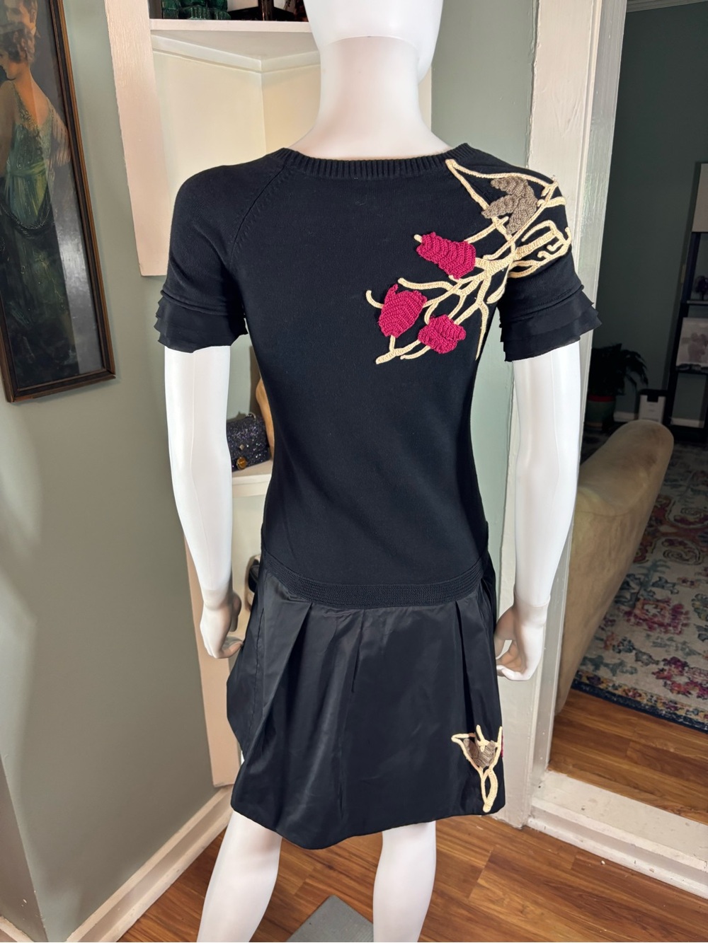 VTG Y2K Kenzo Silk Taffeta Sweater Black Mini Dress Floral Embroidered Appliqué - Picture 7 of 16